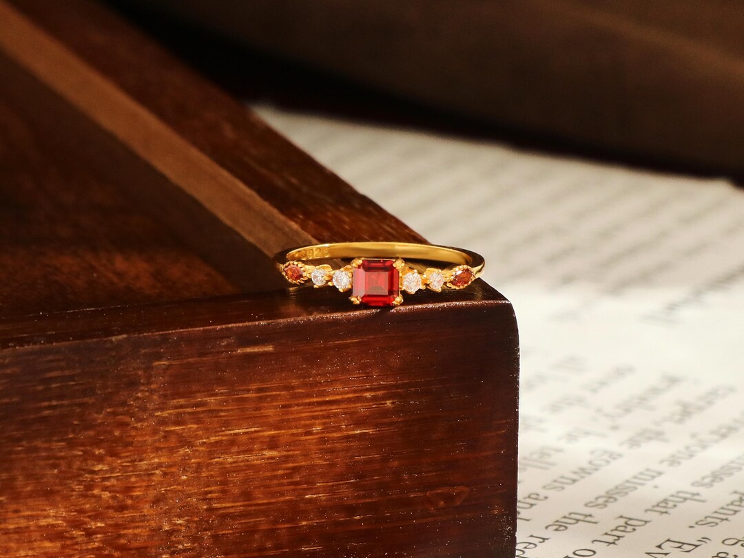 Pageant Rings Vintage Ruby Square Garnet Gold Band, Red Halo Statement Ring, Deep ...