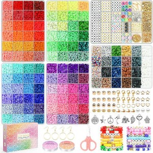 May include: A craft kit with colorful polymer clay beads, letter beads, and jewelry-making supplies. The kit includes a variety of colors, shapes, and sizes of beads, along with earring hoops, clasps, and charms. A box of clay bands is also included.
