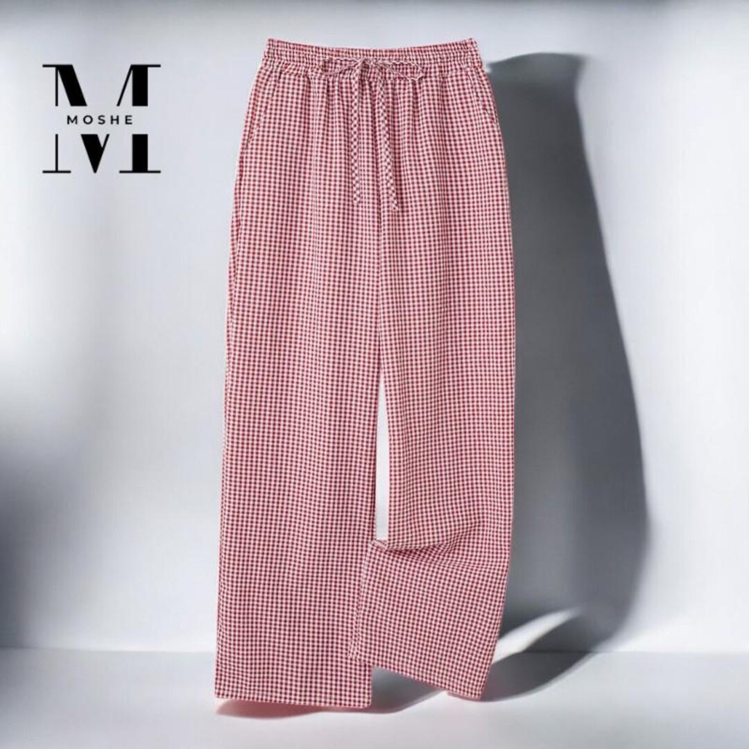 Gingham Drawstring Wide-leg Pants