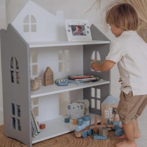 Wooden toy and book storage for kids room, Montessori dollhouse bookshelf, Open storage and organizer, Nursery furniture