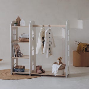 Montessori toddler clothes rack – Natural wood wardrobe for nursery organization