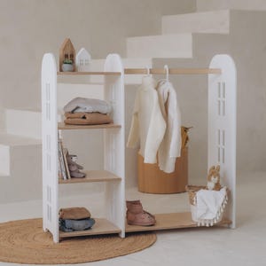 Wooden wardrobe for nursery organization - Montessori toddler clothes rack and shelves, kids room organizer, nursery clothing storage