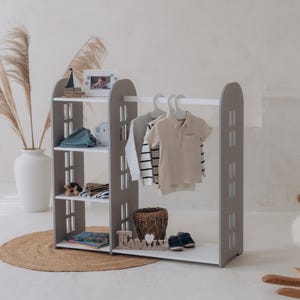 Montessori kids clothing rack with shoe shelf - House-shaped wooden clothes organizer, Open wardrobe with hanging rail