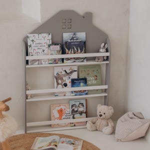 Wooden house-shaped book organizer, Wall bookshelf for kids – nursery book storage, Space-saving nursery bookcase