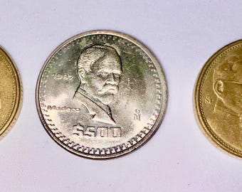 Veel vintage Mexicaanse pesomunten: 1985/1987, aluminiumbrons en zilver (3 munten)