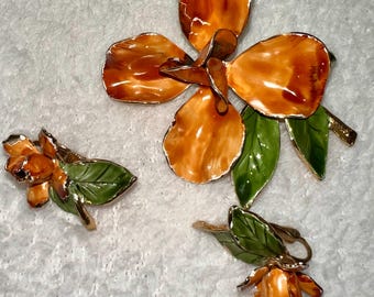 Vintage 60s Enamel Flower Brooch, and Earring Set, Orange and Green Petals, Gold Accents