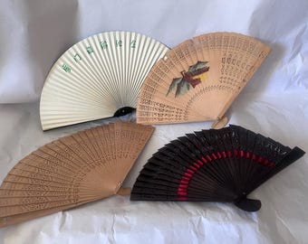Vintage Lot of 4 Asian Hand Fan, Scented Wood & Paper Folding Fans, Chinese Calligraphy, Bali Carved Fan, Wall Decor
