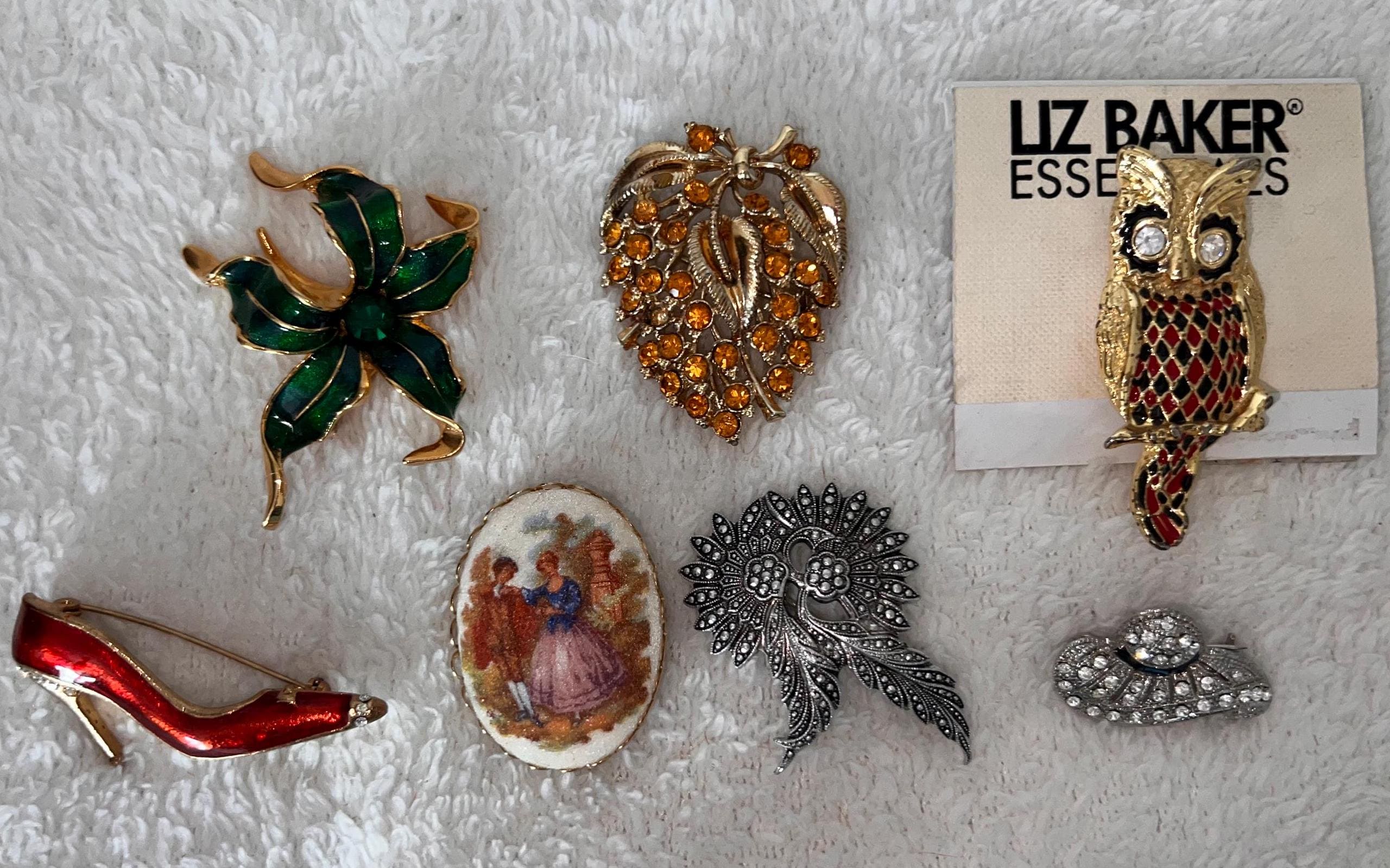 Vintage Rhinestone Brooches: Flower, Hat, Shoe, Owl - Lot of 7