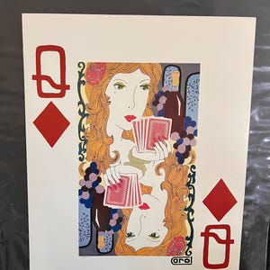 Stampa artistica vintage del 1979 "Regina di quadri", di Arol, senza cornice, Galleria di carte, arte murale, carte da gioco retrò.