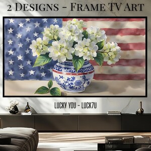 Patriotic Hydrangea TV Frame Art JPG – Chinoiserie Vase Floral Still Life with American Flag Backdrop, Samsung Frame TV Digital Download