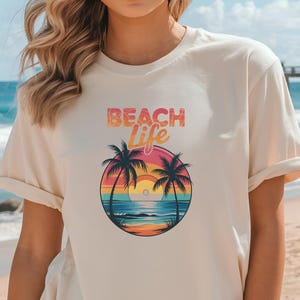 Summer Vacation Shirt, Beach Life T-Shirt, Vintage Sunset Palm Trees Tee, Tropical Coastal Summer Top, Retro Beach Aesthetic Clothing