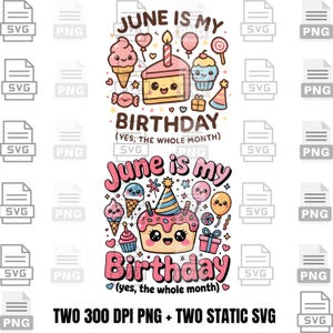 Junho é meu aniversário SVG PNG Bundle – Clipart fofo de mês de aniversário kawaii