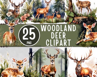 Pacchetto di clipart di cervi del bosco, 25 immagini PNG di cervi e cerbiatti acquerellati (download digitale)