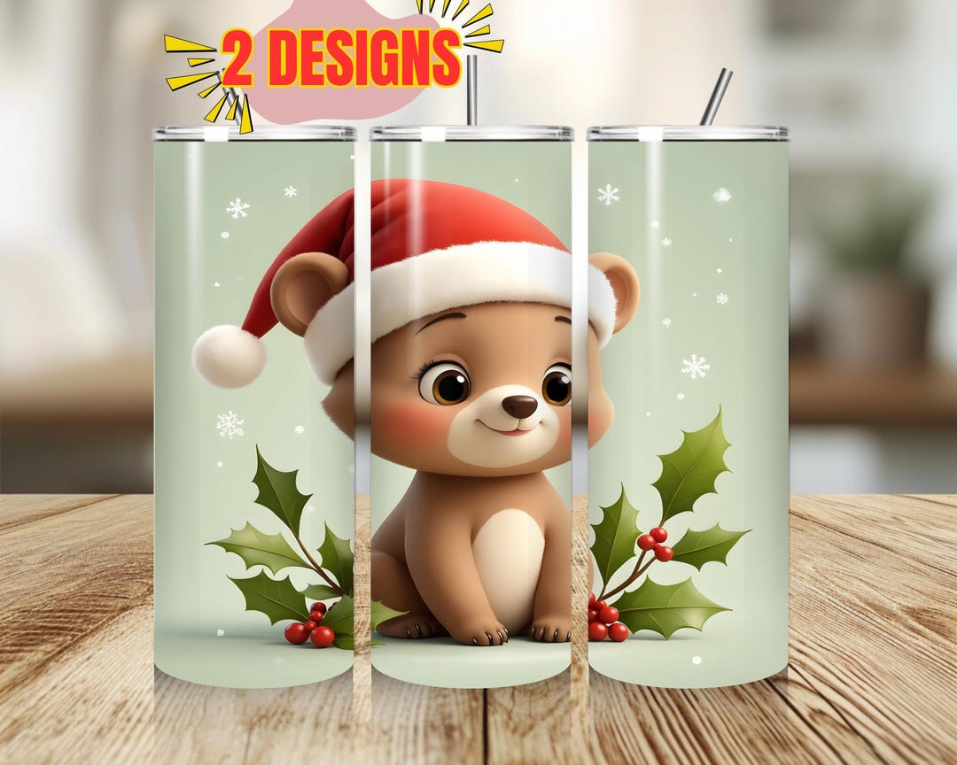 Christmas Bear Tumbler Wrap PNG: Santa Hat Sublimation Design (digital ...