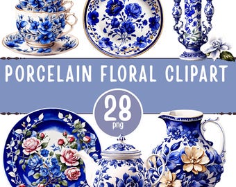 Porcelain Floral Clipart – 28 White & Blue China PNGs (Digital Download)