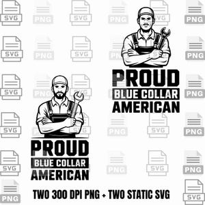 Orgulhoso colarinho azul americano SVG PNG – Pacote de clipart de comerciante em preto e branco