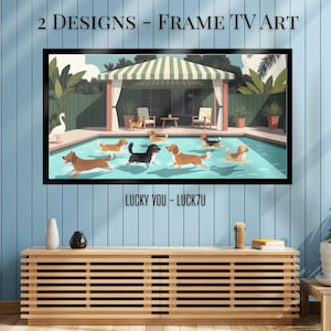 Retro Poolside Dog Party Digital Art – Summer Fun Download for Samsung Frame TV, Pet Lovers, and Dog Decor Fans