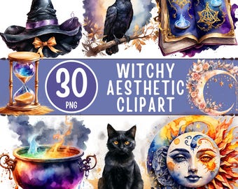 Witchy Clipart Bundle - 30 Watercolor Magic PNGs (Digital Download)