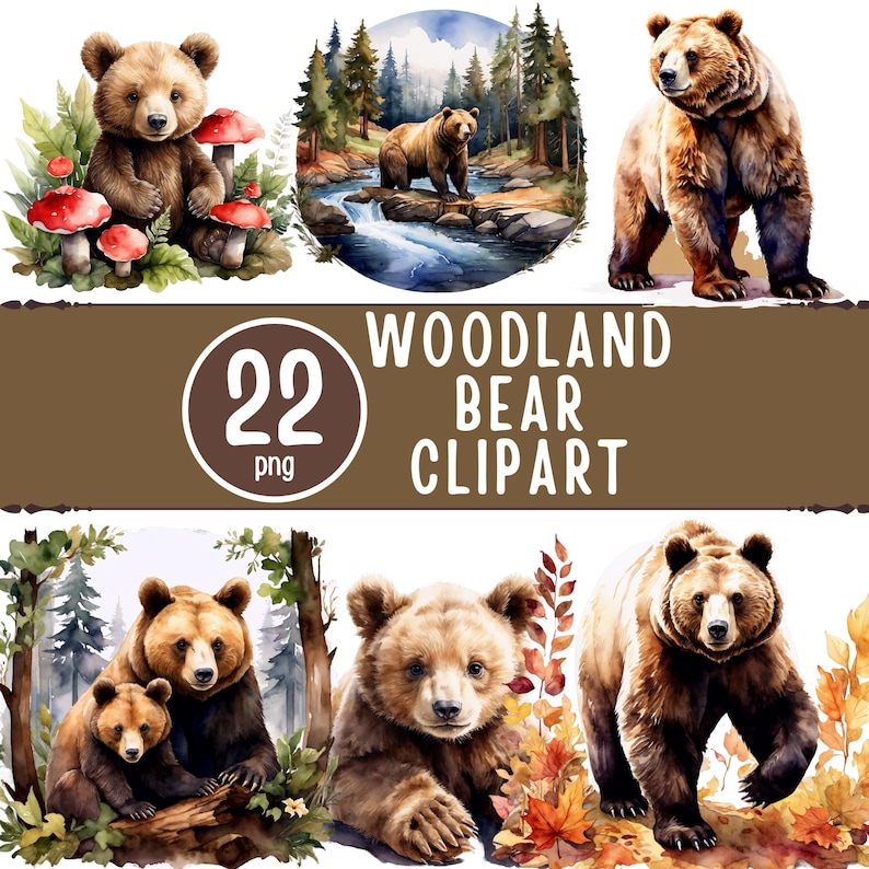 Woodland Bear Clipart Bundle, 22 Watercolor Forest Animals PNG (digital ...