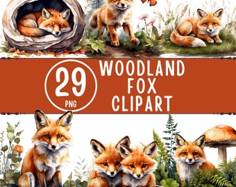 Woodland Fox Clipart Bundle, 29 PNG Baby Fox Watercolor Art (Digital Download)