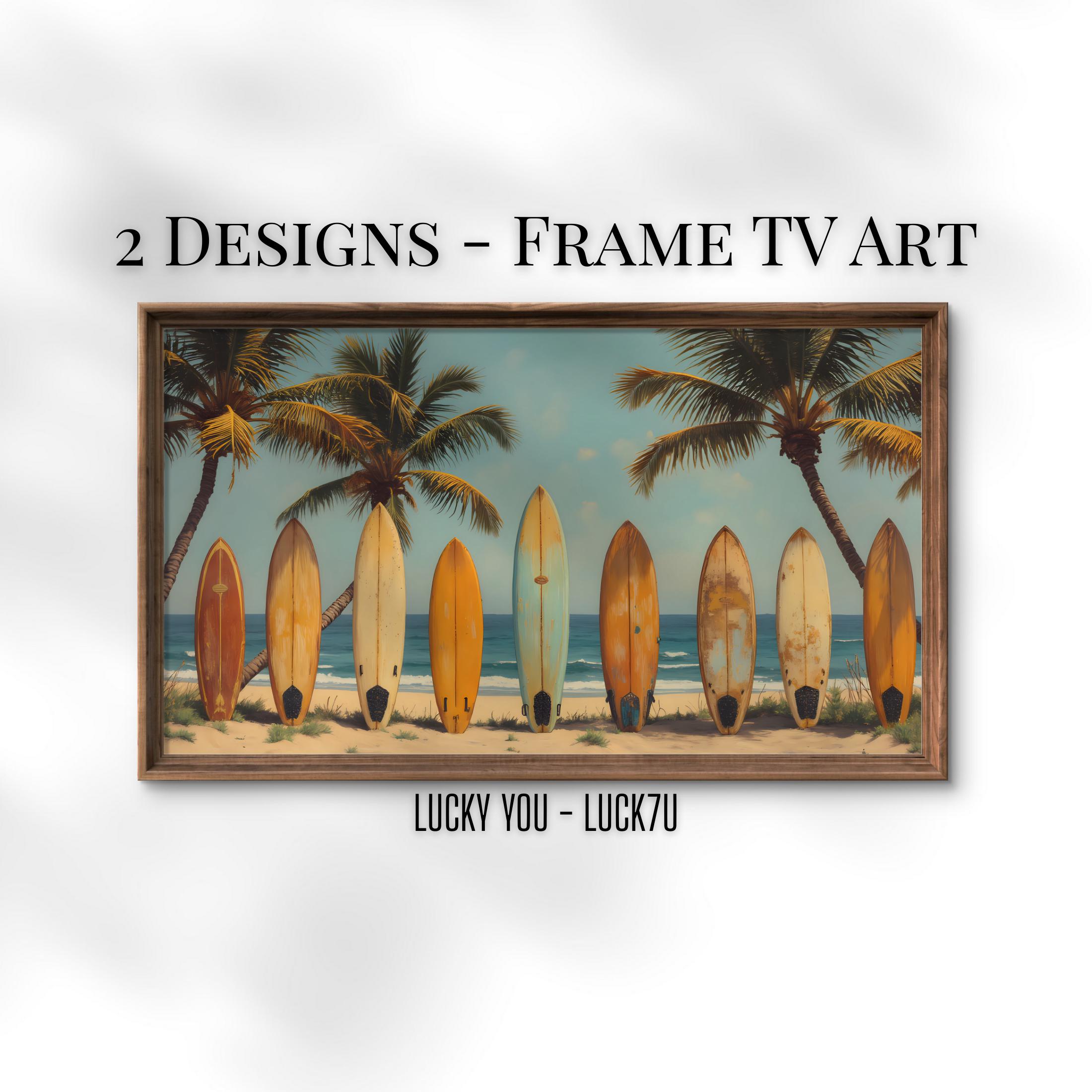 Vintage Surfboard Beach Scene - Coastal Frame TV Art (digital