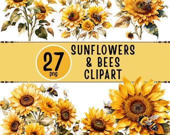 Sunflowers & Bees Clipart – 27 Watercolor Sunflower PNGs with Honey Bees (Digital Download)