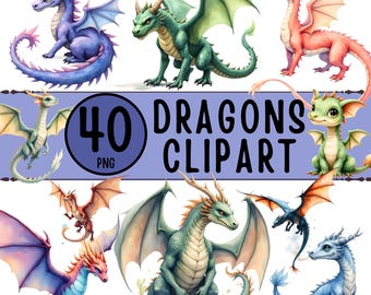 Dragons Clipart PNG Bundle - 40 Fantasy Dragon Illustrations (Digital Download)