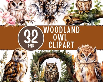 Woodland Owl Clipart Bundle, 32 PNG Watercolor Owls (Digital Download)