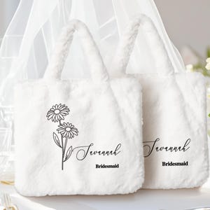 Custom Birth Flower Plush Tote Bag with Name, Personalized Bridesmaid Gift with Birth Month Flower, Custom Name Bachelorette Party Bag