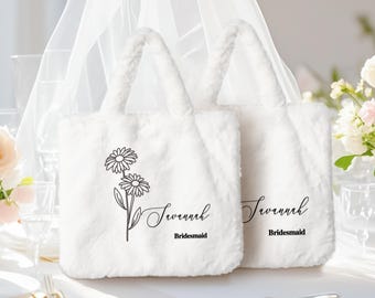 Custom Birth Flower Plush Tote Bag with Name, Personalized Bridesmaid Gift with Birth Month Flower, Custom Name Bachelorette Party Bag