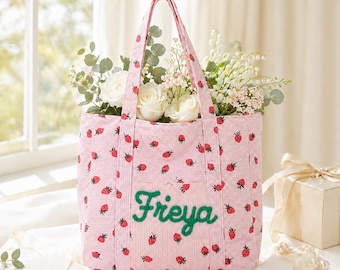 Custom Embroidered Name Corduroy Tote Bag with Strawberry Design, Bridesmaid Gift, Travel Bag, Bachelorette Gift, Cute Strawberry Tote Bag