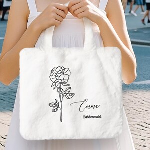 Birth Flower Personalized Plush Tote Bag, Custom Bachelorette Bridesmaid Tote Bag, Custom Plush Bridesmaid Gift, Wedding Party Gift