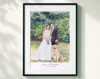 Puede incluir: Un retrato en acuarela enmarcado que muestra a una pareja con ropa de boda junto a un golden retriever en un parque. La novia viste un vestido blanco y sostiene un ramo, el novio viste un traje oscuro. El texto dice Jonas & Christian July 26th, 2026.