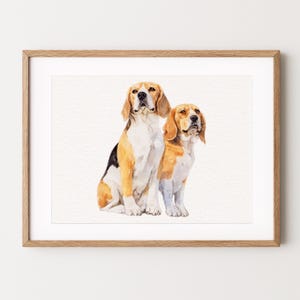 May include: Watercolor painting of two beagle dogs sitting side by side. The dogs are brown, white, and black with floppy ears and are looking up.