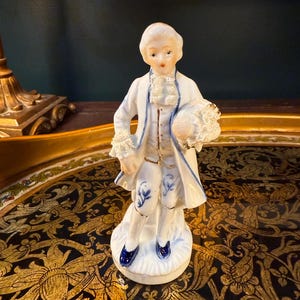 Vintage Dresden-Style Porcelain Figurine – Blue & Gold Lace Detail Man, 6” Tall