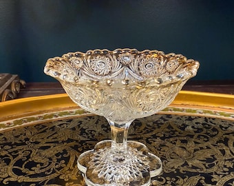 Antique EAPG Compote Bowl: Daisy Button Pattern, Gold Rim Pedestal Dish