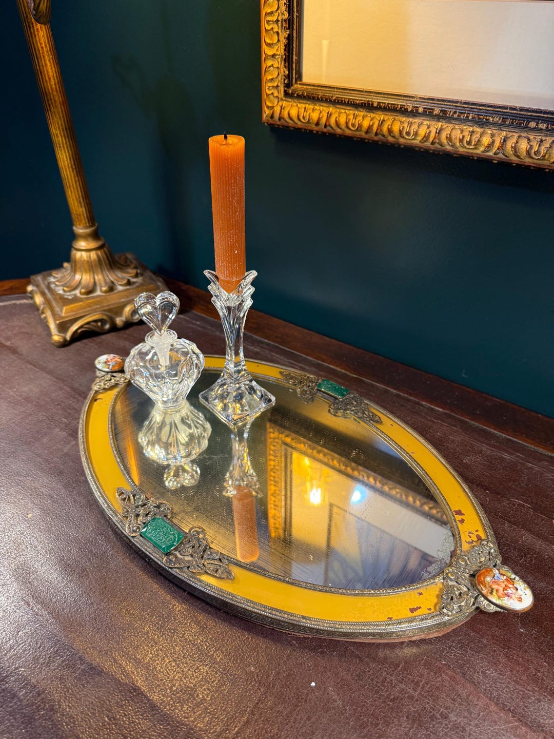 Art Deco Vanity Tray With Yellow Border, Jeweled Filigree & Porcelain ...