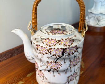 Vintage Cherry Blossom Teapot with Rattan Handle • Porcelain Floral Tea Pot