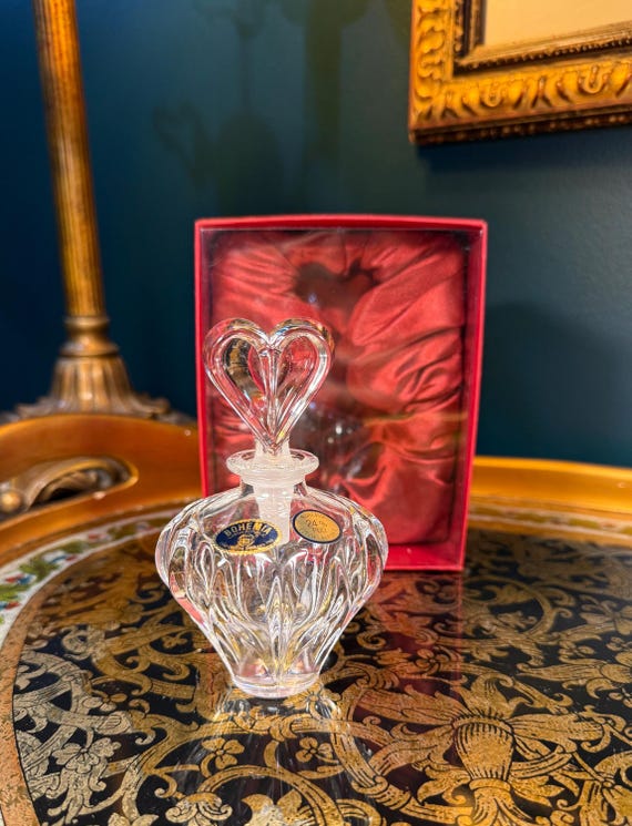Vintage Bohemia Crystal Perfume Bottle with Heart Stopper in Box