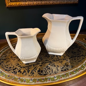 Antique Wm. Adams Ironstone Pitcher Set: Empress Pattern, Cream White Jugs