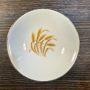 May include: A white ceramic bowl with a gold rim and a wheat design in yellow and brown.