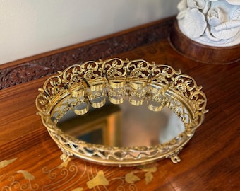 Vintage Gold Ormolu Lipstick Holder - Mirrored Vanity Tray