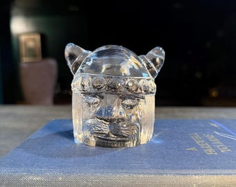 Vintage Scandinavian Pressed Crystal Viking Paperweight – Gullaskruf Mid-Century Décor