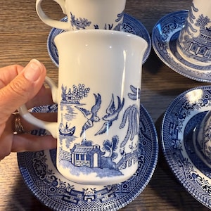 Vintage Churchill Blue Willow Cups and Saucers – Set of 4 Tall Teacups, Made in England, Blue and White