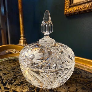 Vintage Bohemian Cut Crystal Candy Dish with Lid: Etched Floral Vanity Jar
