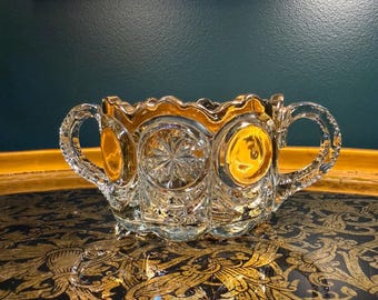 Antique EAPG Sugar Bowl: “Star in Bull’s Eye” Pattern, Gold Rim c.1905