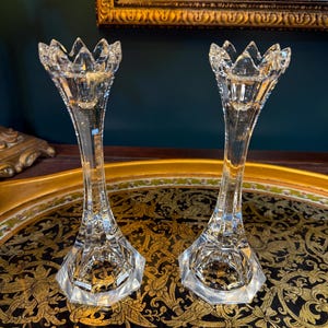 Vintage 1980s–1990s Bohemia Crystal Candlestick Holders – Pair, 8.75″ Tall Octagon Base Lead Crystal