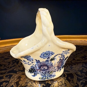 Antique Charlotte Royal Crownford Basket – c.1890–1915 Staffordshire Blue Floral English Ironstone, Cottagecore Shelf Decor