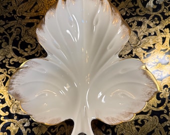 Vintage Lenox Leaf Trinket Dish: 24K Gold Trim Porcelain Catchall