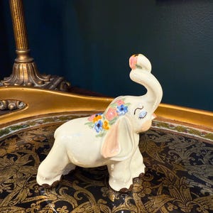 Vintage Mid-Century Ceramic Elephant Figurine – Hand Painted Floral, 4.75” Tall